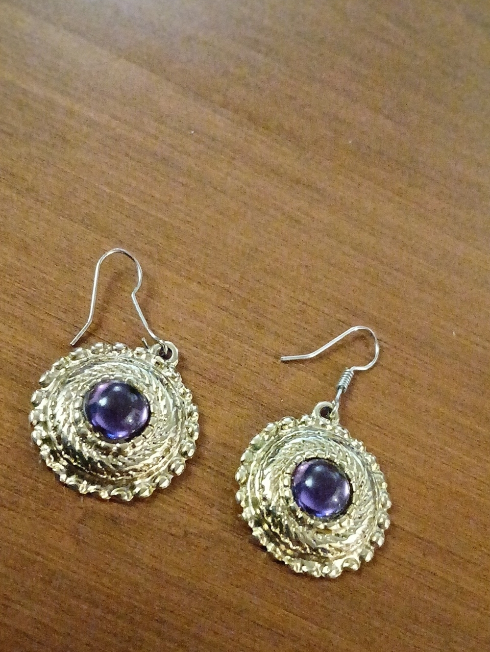 Vintage Gold-Tone Earrings with Purple Gemstone - Women Jewelry
